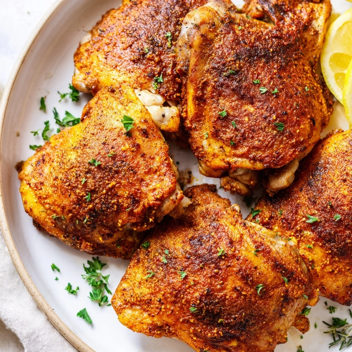 Juicy oven baked chicken thighs garnished with fresh parsley and served with lemon wedges
