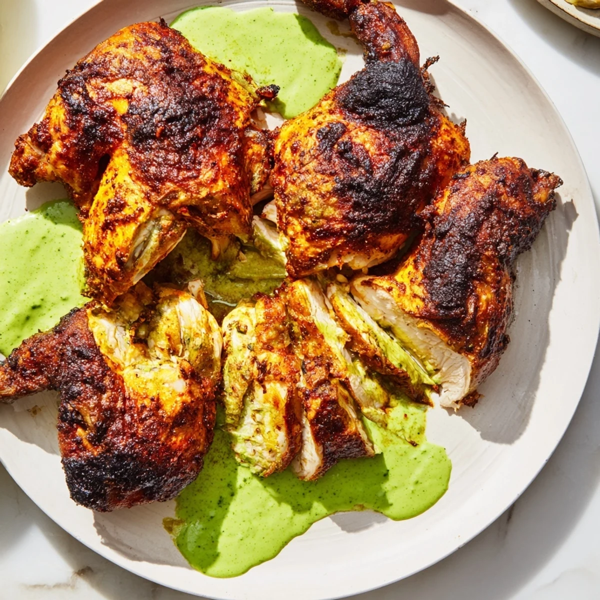 Juicy Peruvian chicken carved on a platter with creamy cilantro drizzle