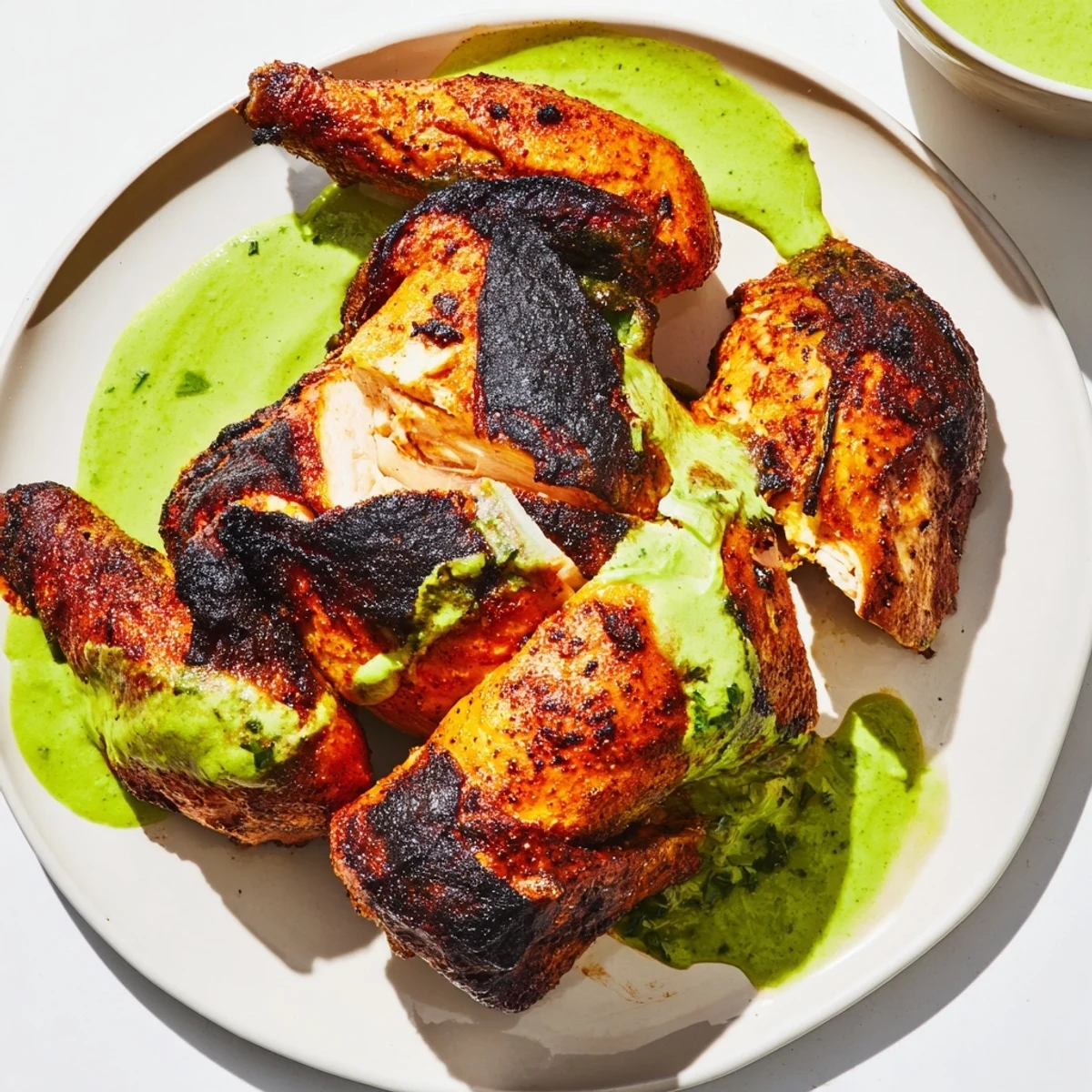 Golden roasted Peruvian chicken with crispy skin and vibrant green sauce