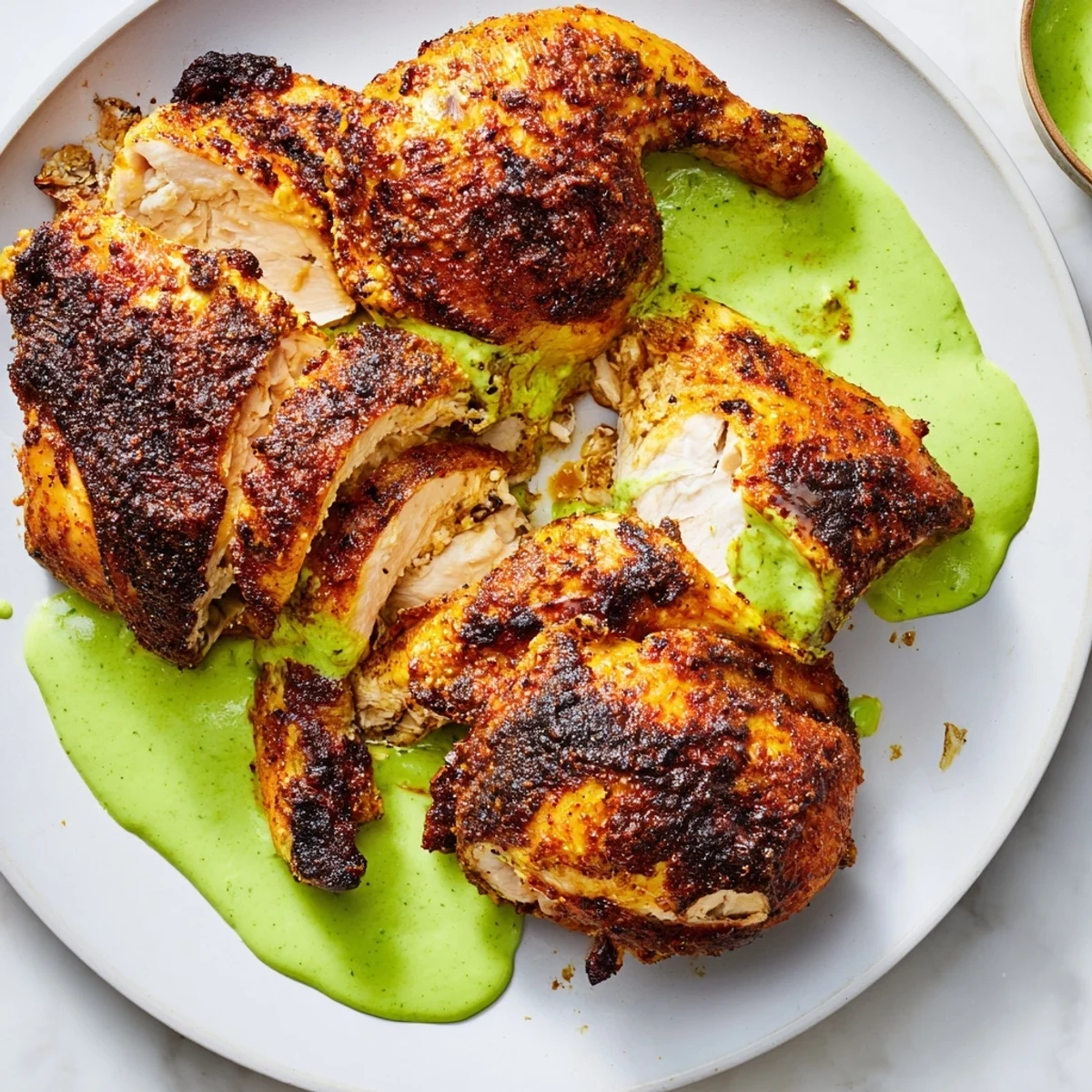 Tender spiced Peruvian chicken served alongside a smooth herbed aji verde sauce
