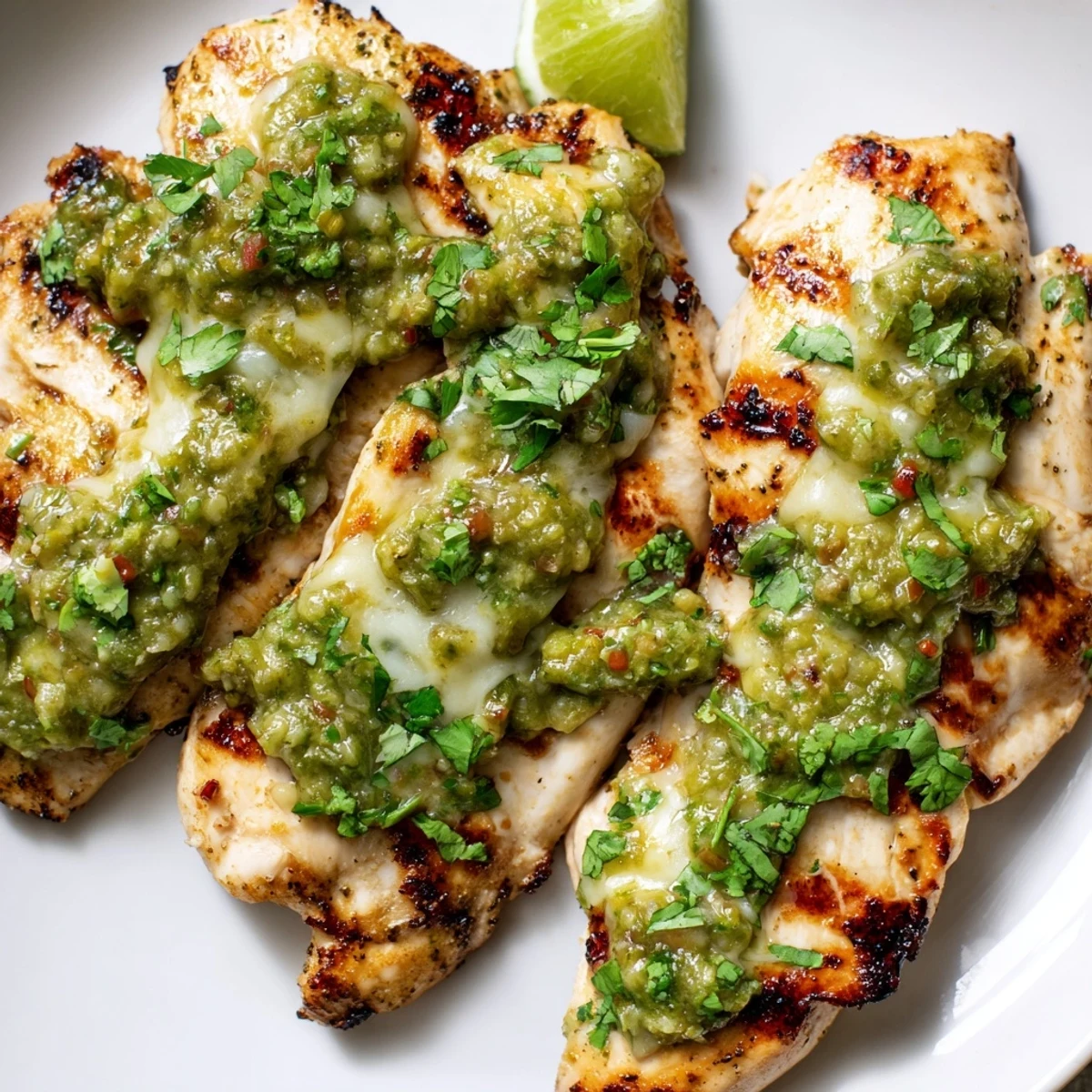 Golden grilled salsa verde pepper jack chicken glistening with tangy green sauce and melted cheese