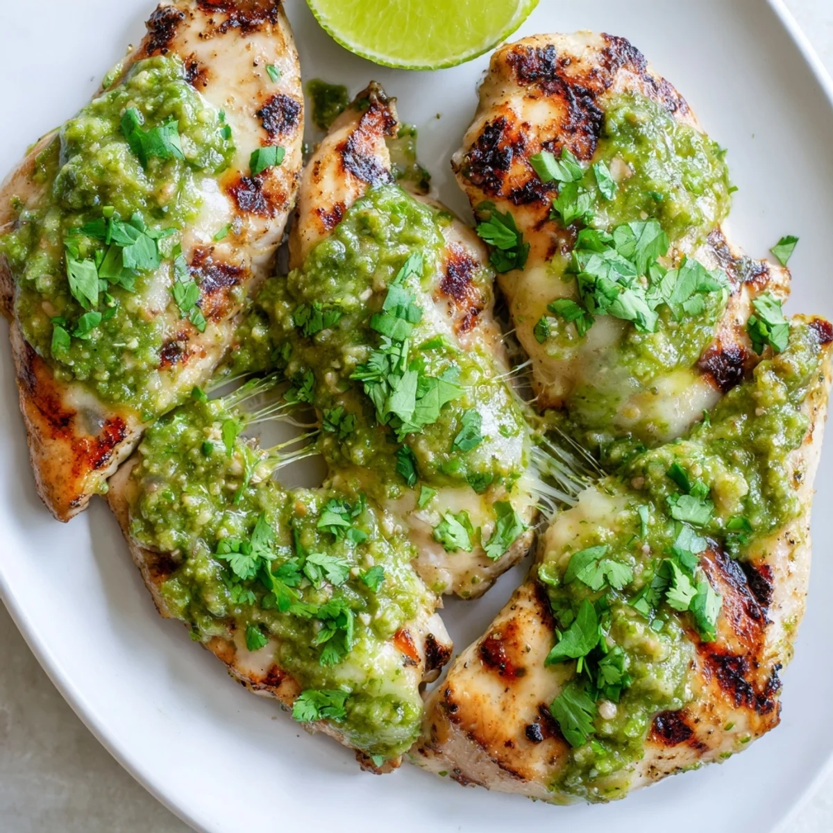Melted Pepper Jack cheese blankets juicy grilled salsa verde chicken on a rustic platter