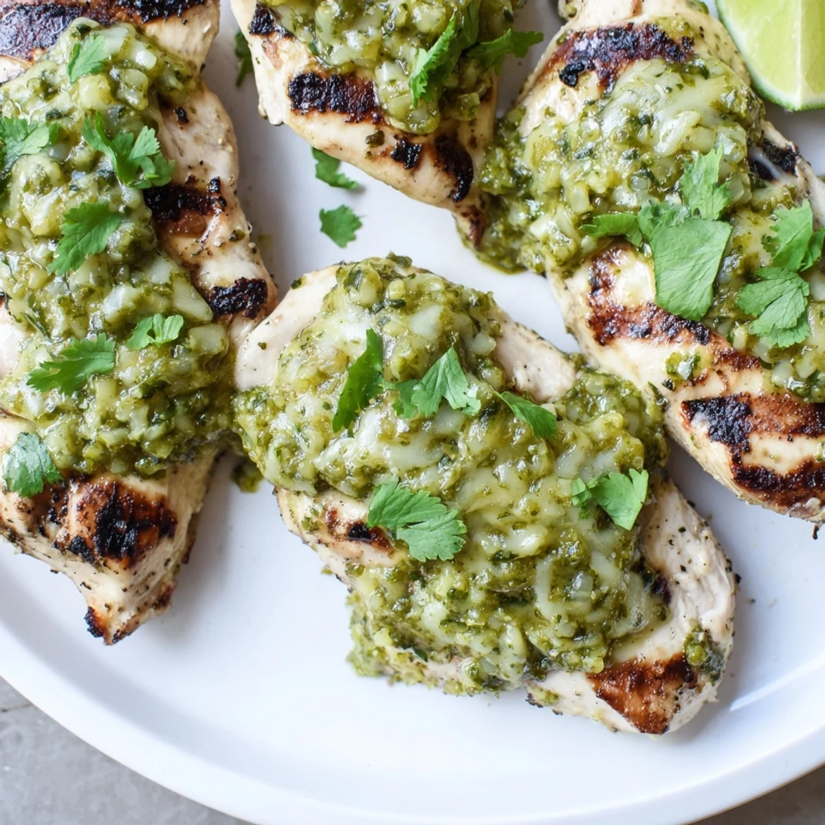 Charred chicken breast topped with bubbling salsa verde pepper jack cheese and fresh cilantro