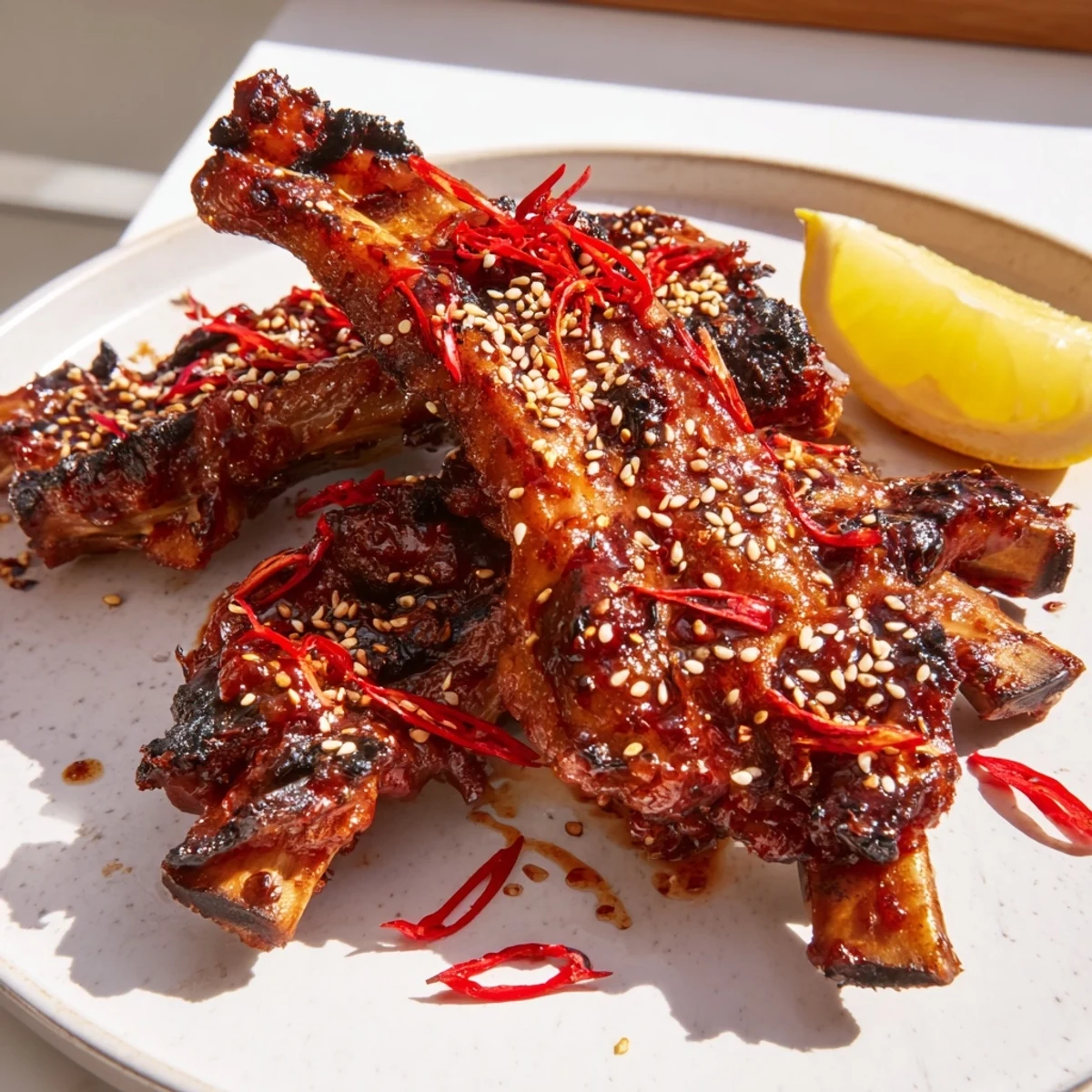 Juicy Korean BBQ lamb ribs with caramelized edges and bright yuzu citrus finish