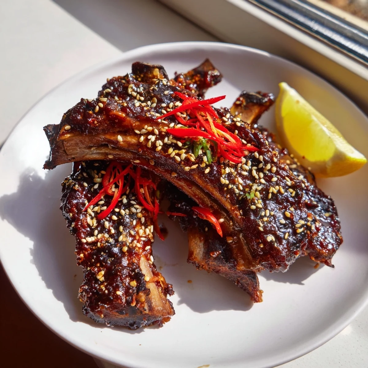 Sizzling Korean BBQ lamb ribs topped with sesame seeds and sliced spring onions