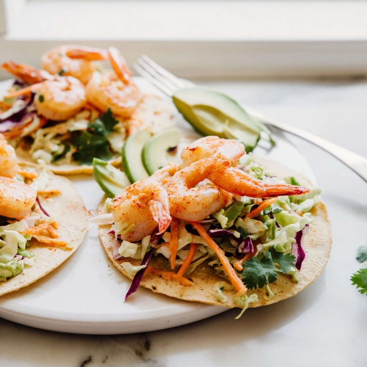 Spicy shrimp tacos piled high with creamy cilantro lime slaw on warm tortillas