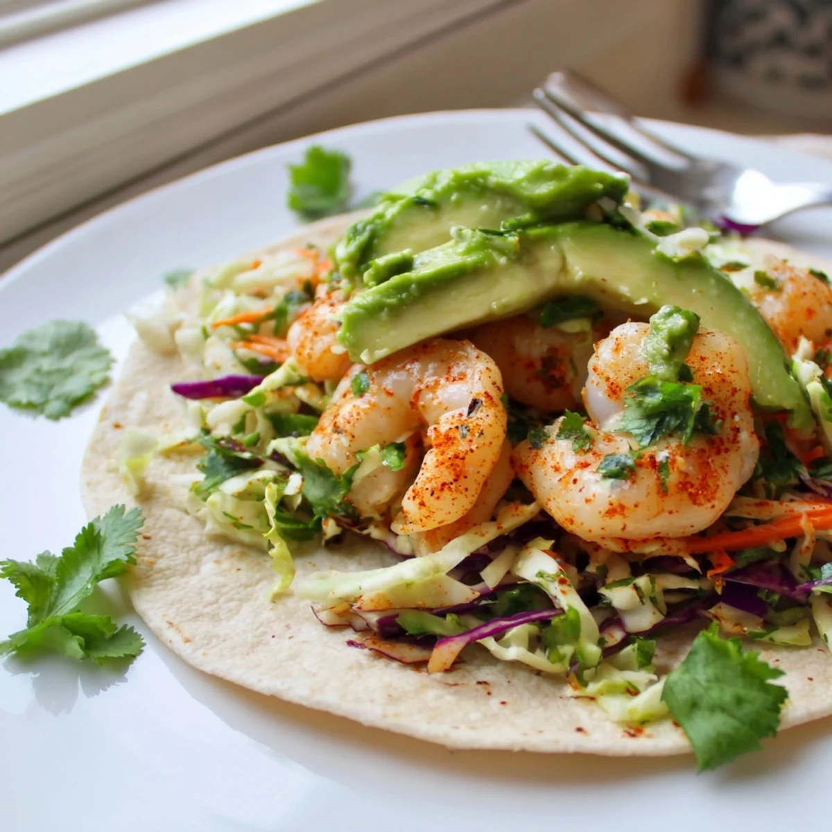 Golden seasoned shrimp nestled in soft tortillas with crunchy garlic cilantro lime slaw