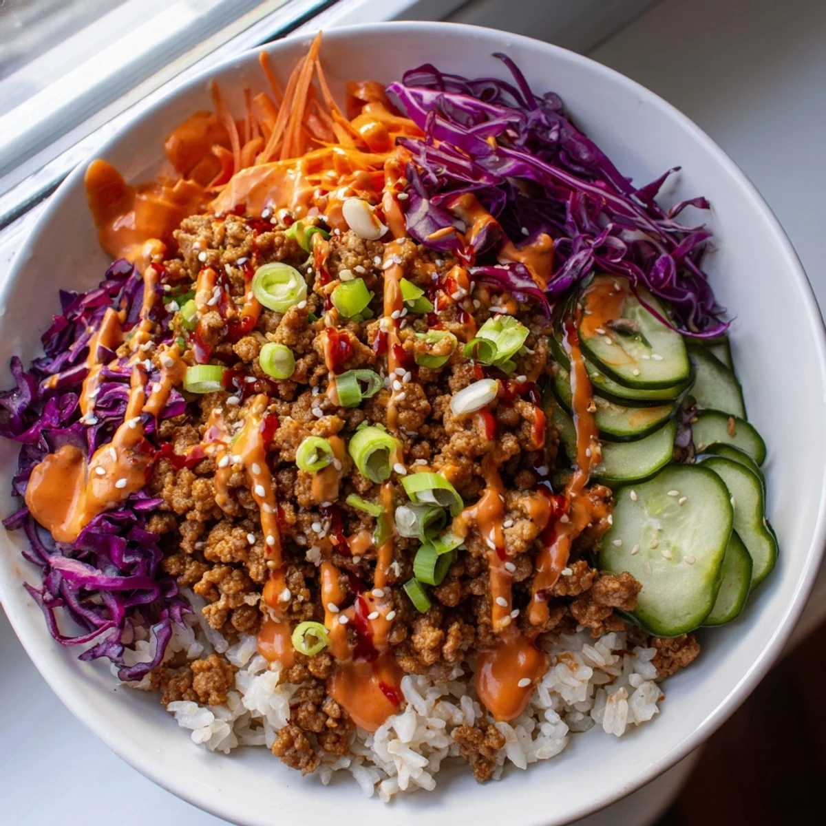 A vibrant Ground Turkey Rice Bowl drizzled with creamy, sweet and spicy Bang Bang sauce.
