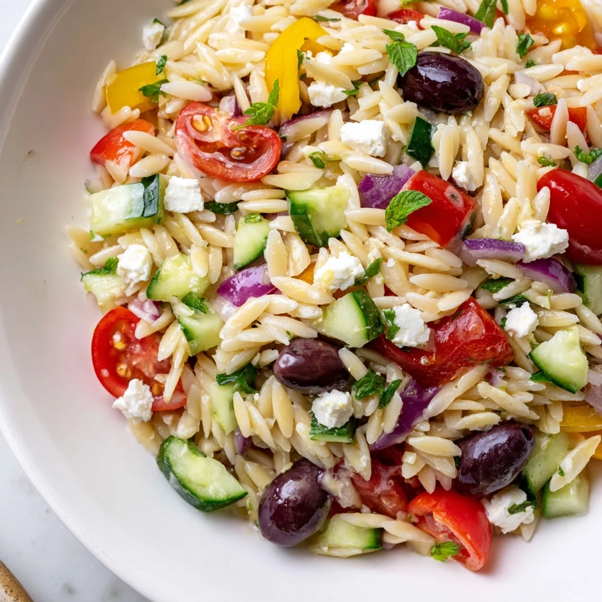 Colorful Mediterranean Orzo Pasta Salad in a rustic bowl with crumbled feta on top