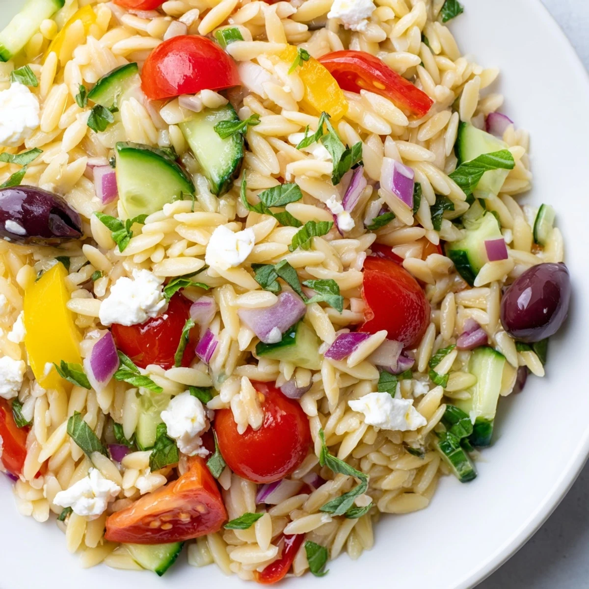 Juicy cherry tomatoes and crisp cucumbers tossed through Mediterranean Orzo Pasta Salad with herbs