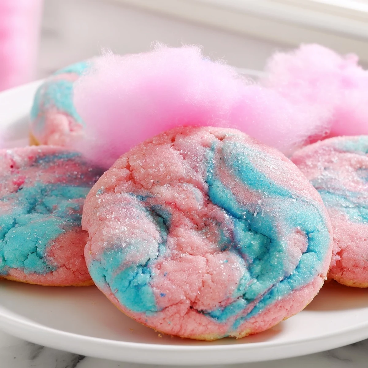 Swirled pink and blue cotton candy cookies with soft chewy centers on a rustic baking sheet