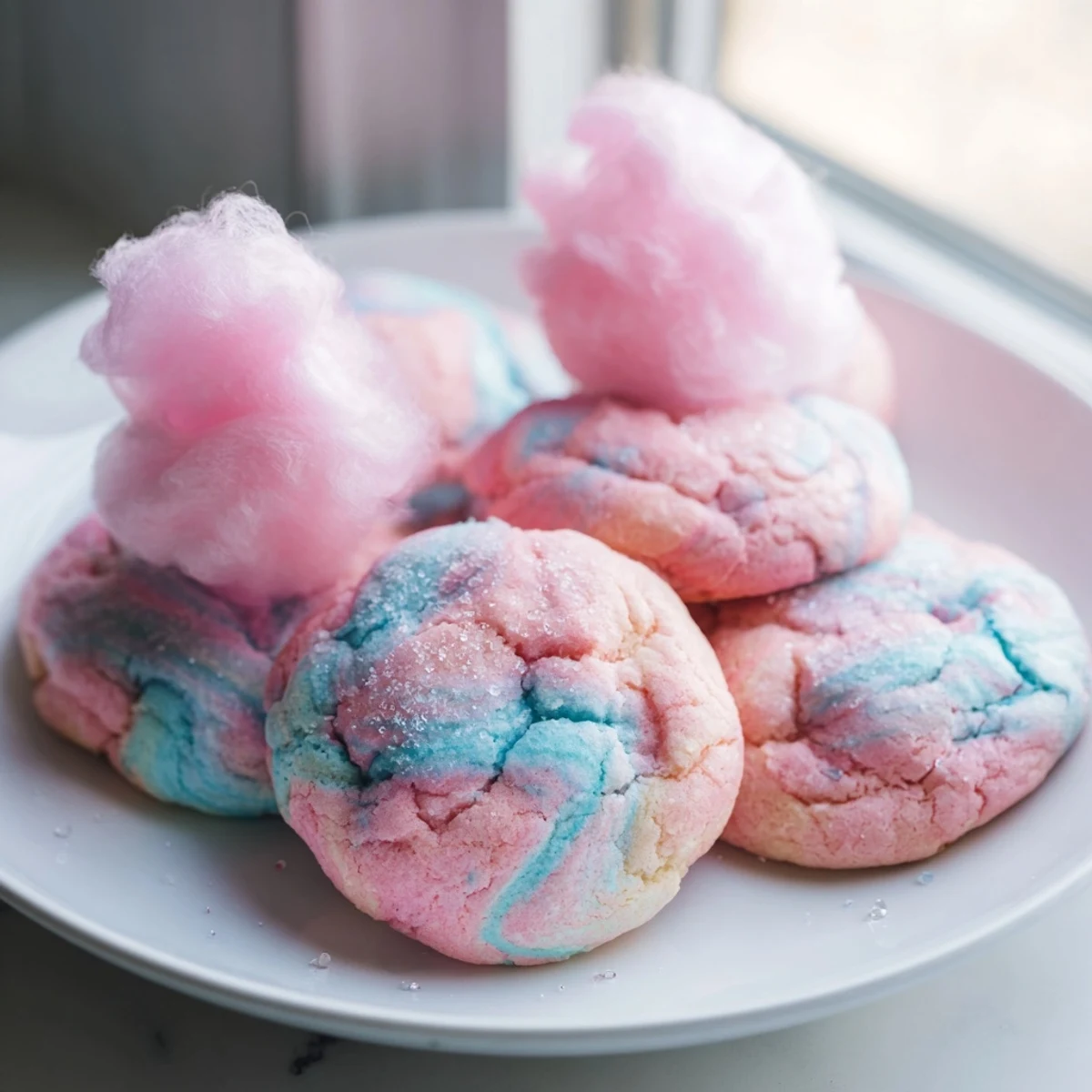 Soft cotton candy cookies topped with fluffy spun sugar garnish displayed on a white platter