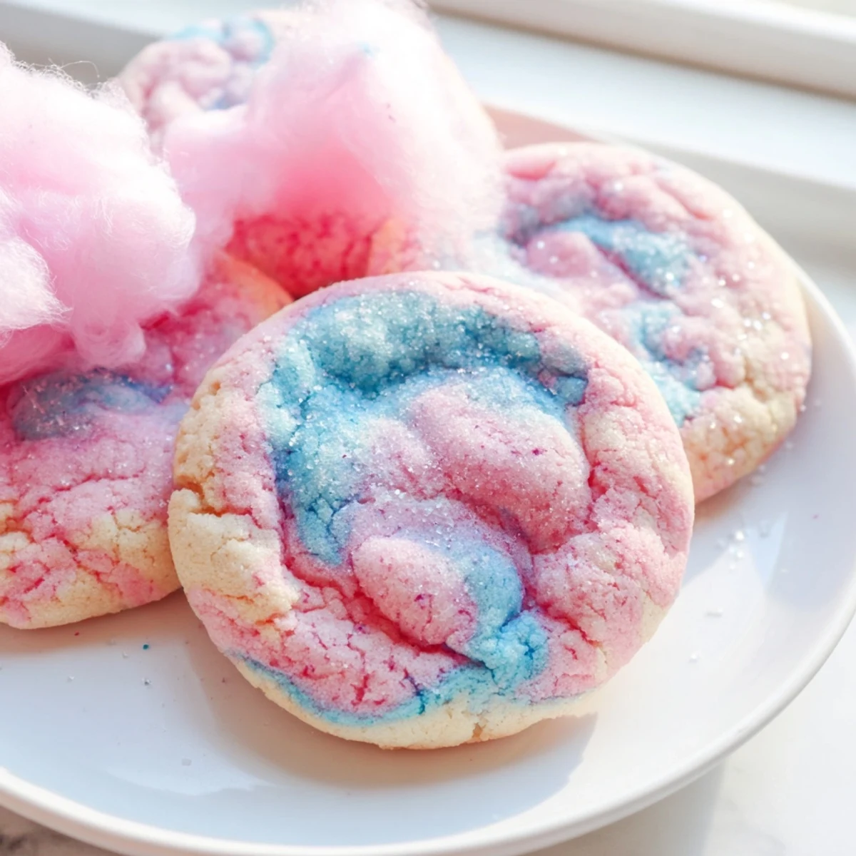 Golden-edged cotton candy cookies marbled in pastel pink and blue tones arranged on parchment paper