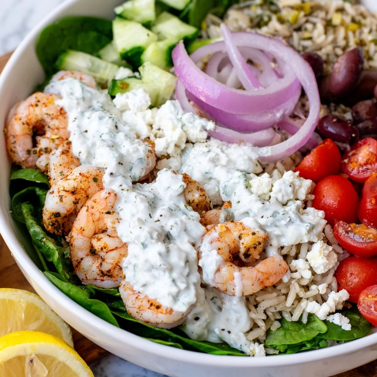 Golden seared Greek Shrimp Mediterranean Bowl with creamy tzatziki over fresh spinach