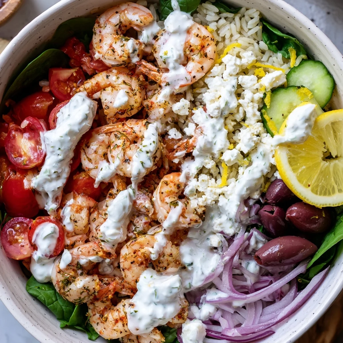Juicy herb-marinated shrimp atop a bright Greek Shrimp Mediterranean Bowl with feta