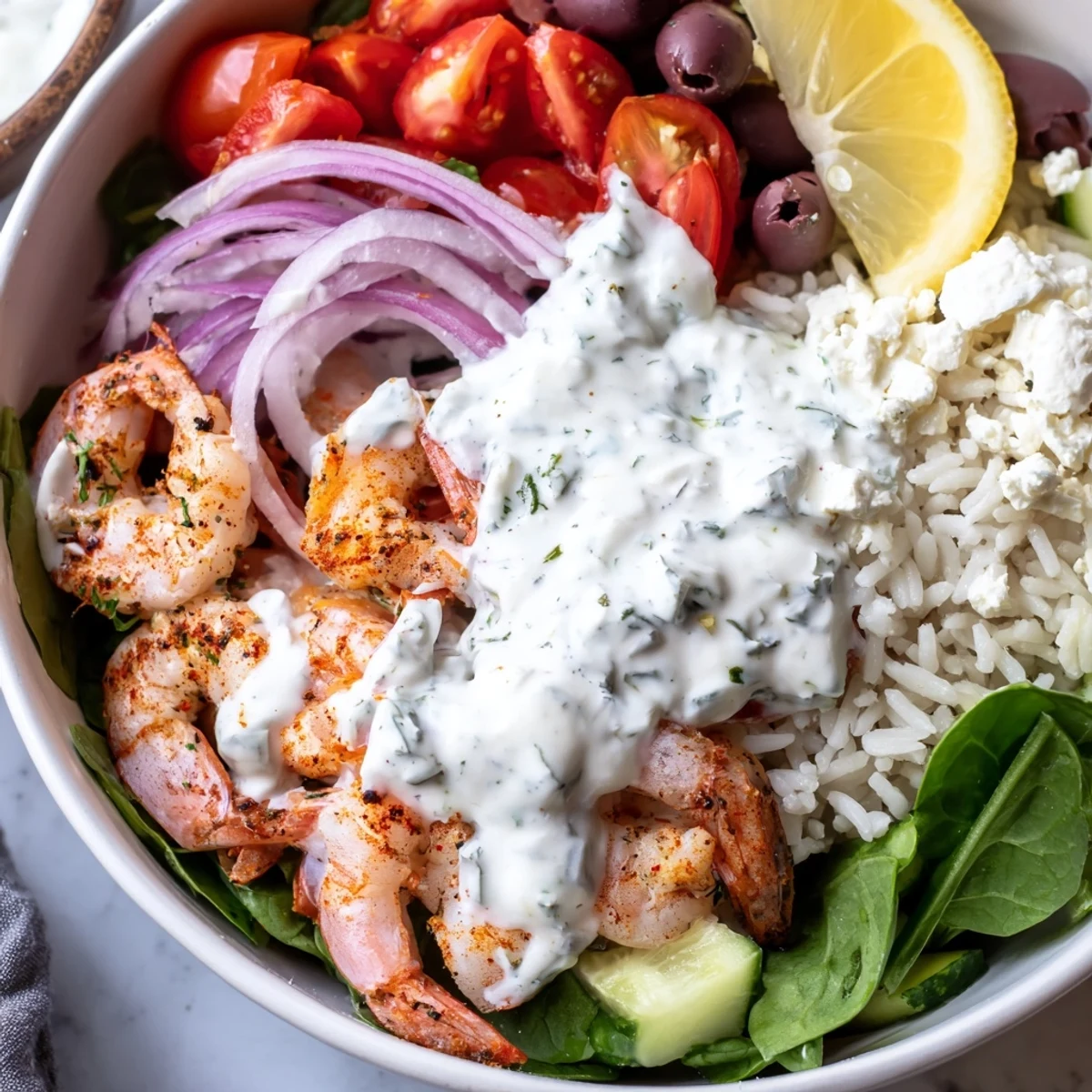 Colorful Greek Shrimp Mediterranean Bowl loaded with olives tomatoes and lemony rice