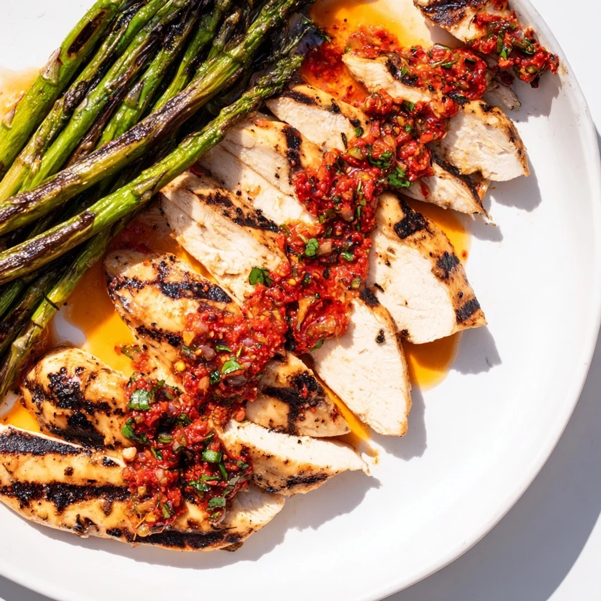 Juicy grilled asparagus chicken drizzled with vibrant, spicy Calabrian chili sauce on a rustic plate.