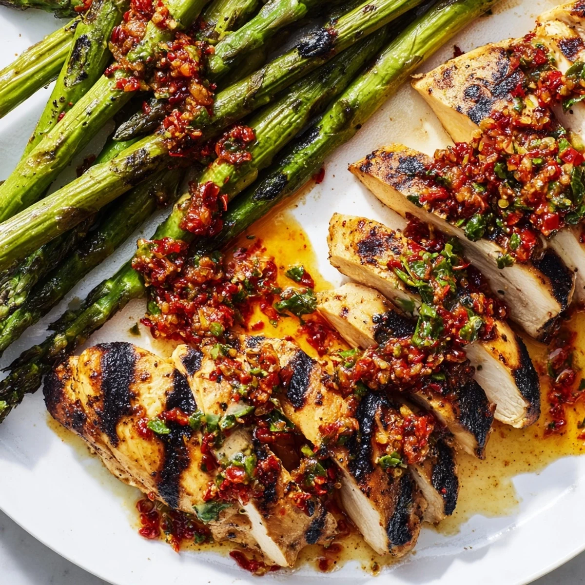 Charred asparagus and golden grilled asparagus chicken finished with a generous spoonful of fiery Calabrian chili sauce.