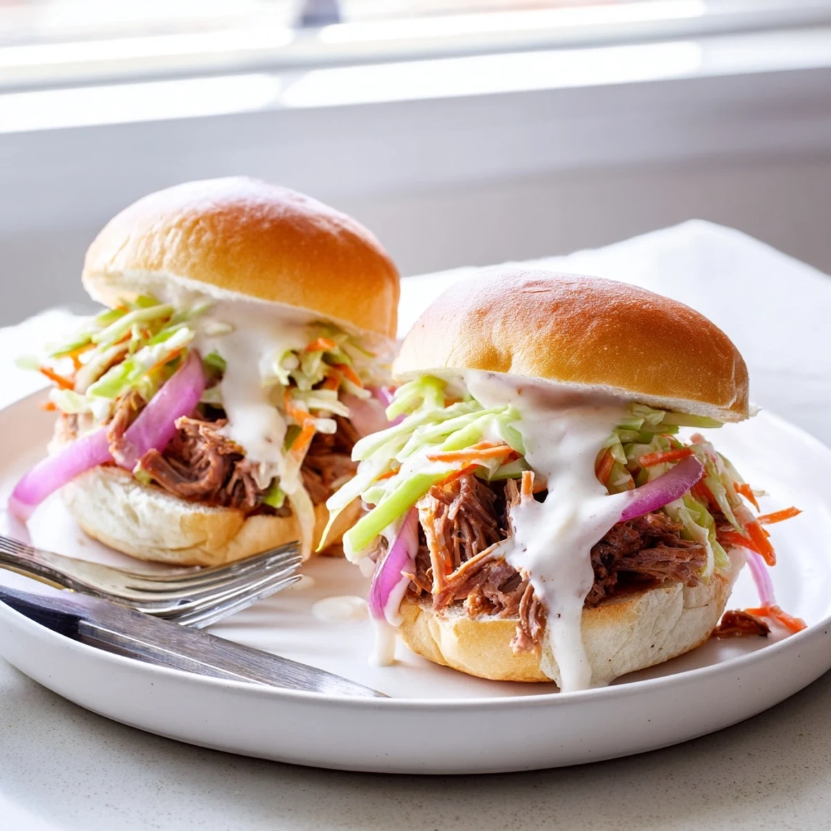 Juicy Alabama White Sauce Pulled Lamb Sliders piled high with crunchy slaw on toasted buns