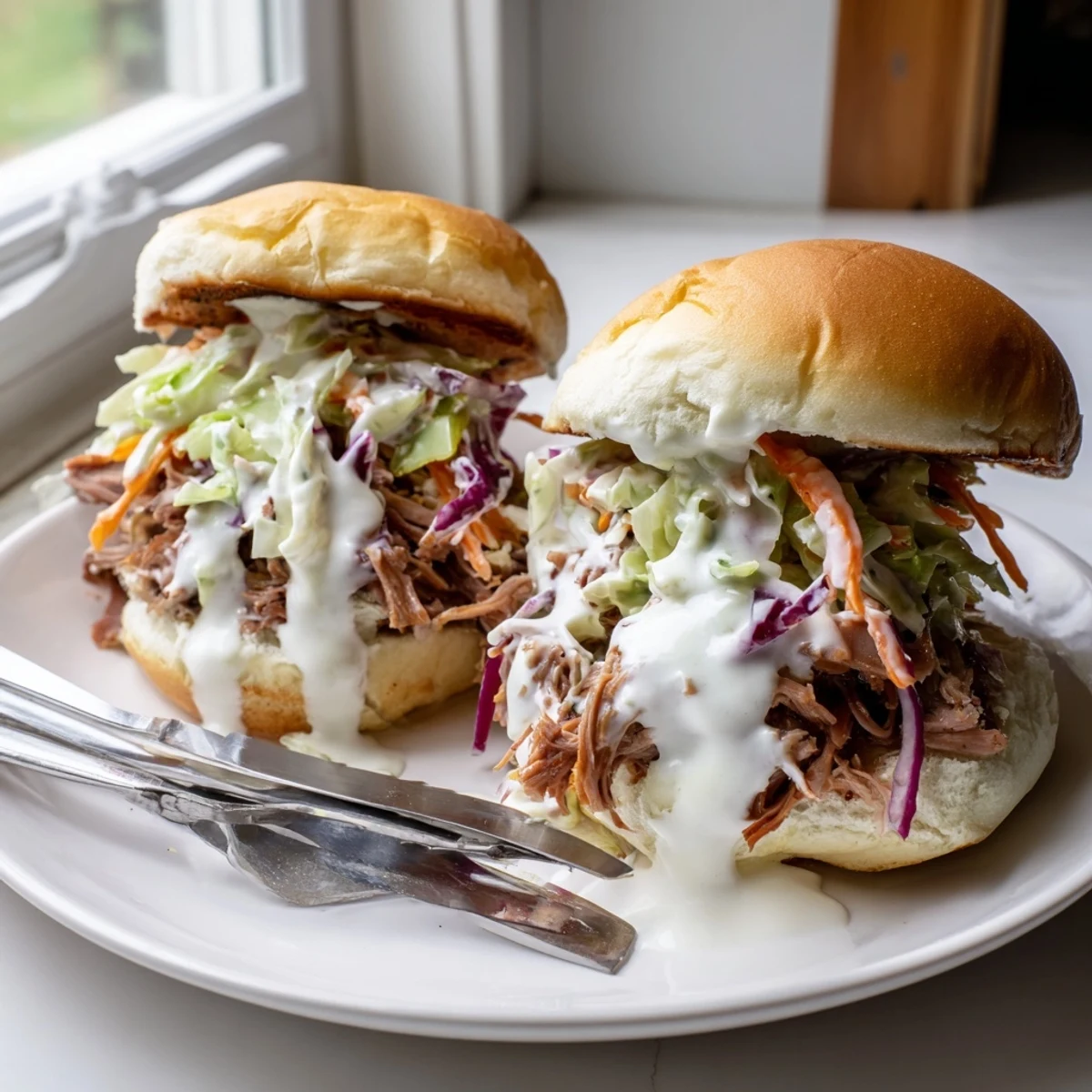 Creamy tangy sauce drizzled over tender shredded lamb in these Southern-style pulled lamb sliders