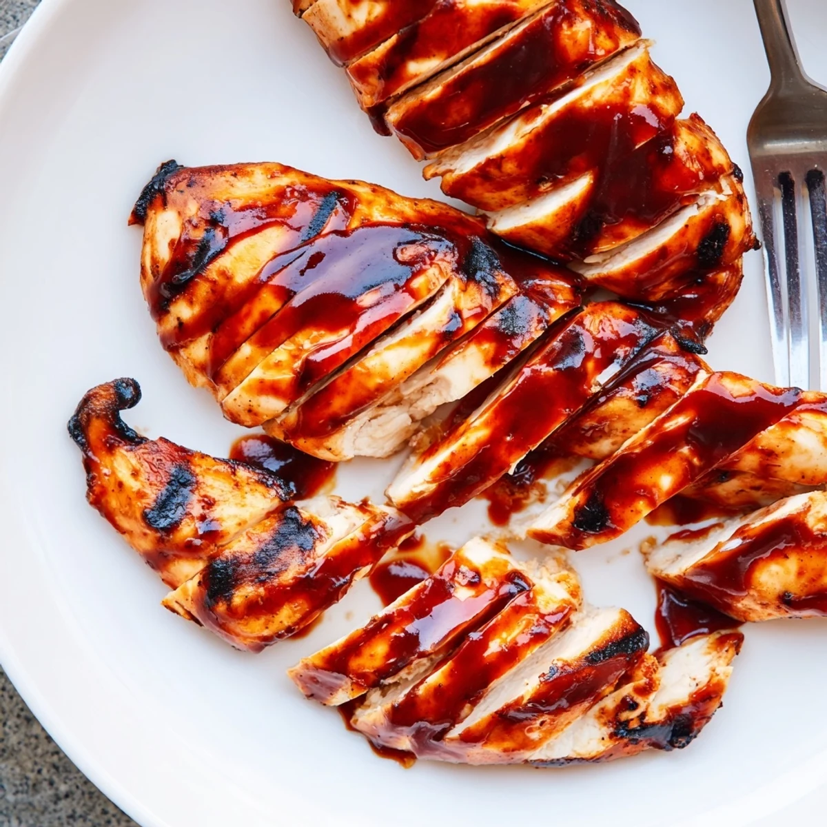Juicy grilled Coca Cola glazed chicken breast sliced revealing tender moist meat