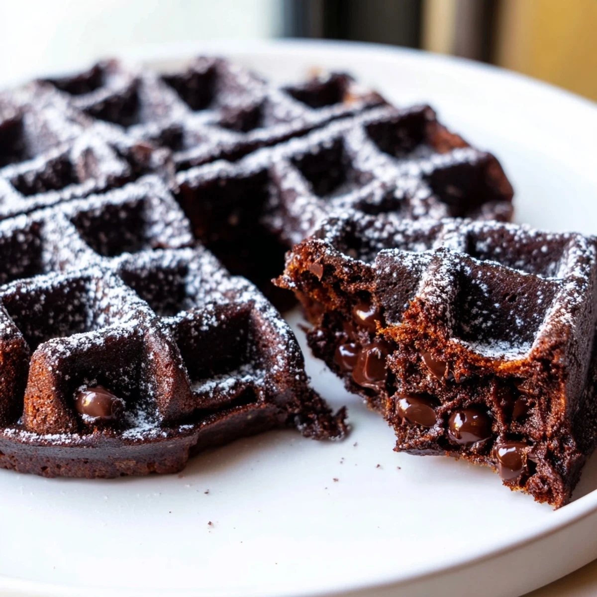 Fudgy Brownie Waffles with crisp golden edges and gooey chocolate chip centers on a plate