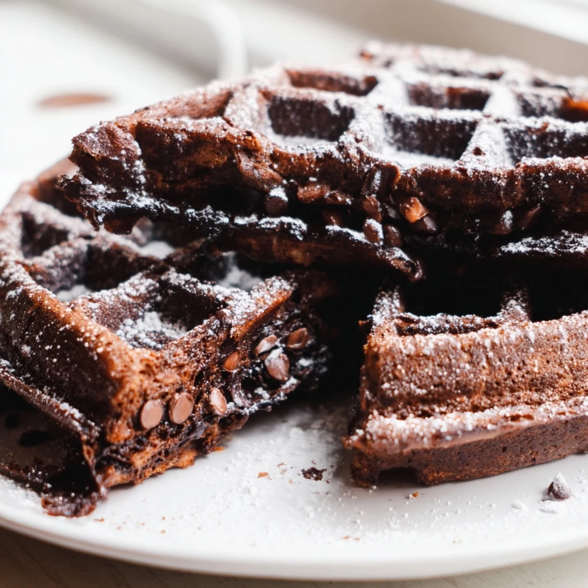 Warm Fudgy Brownie Waffles topped with a melting scoop of vanilla ice cream