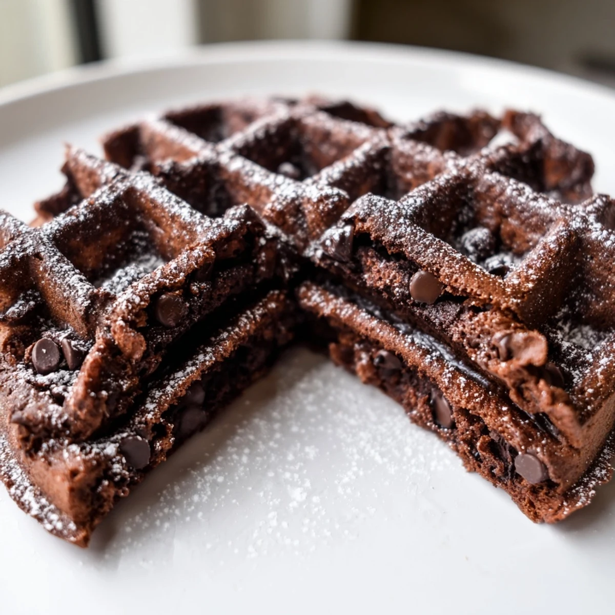 Thick Fudgy Brownie Waffles fresh off the iron dusted with powdered sugar and berries