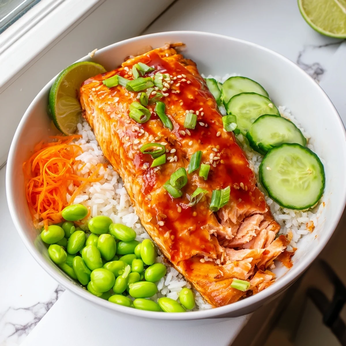 Golden sriracha honey glazed salmon bowls drizzled with spicy glaze, edamame, and sesame seeds