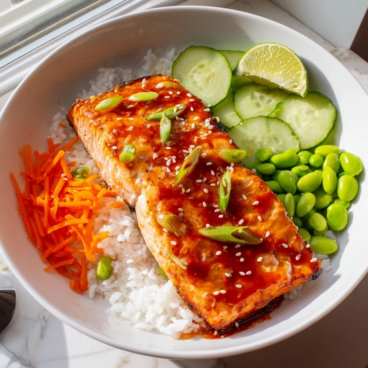 Caramelized sriracha honey glazed salmon bowls served with fresh cucumber, shredded carrots, and lime wedges