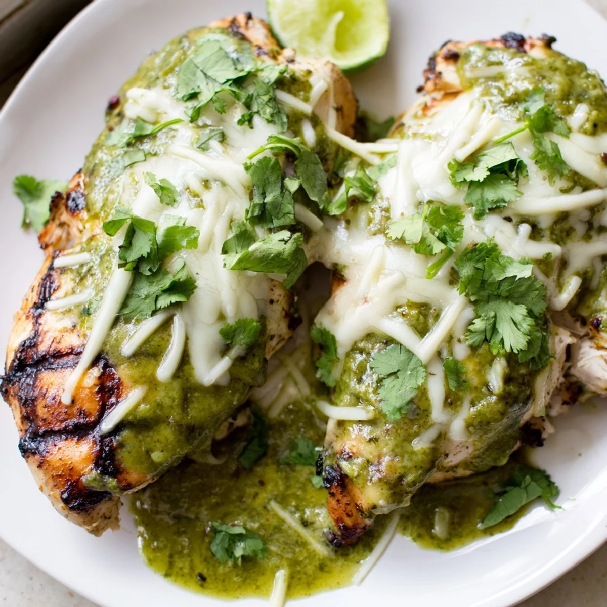 Juicy grilled Cheesy Salsa Verde Pepper Jack Chicken topped with bubbling melted cheese and fresh cilantro