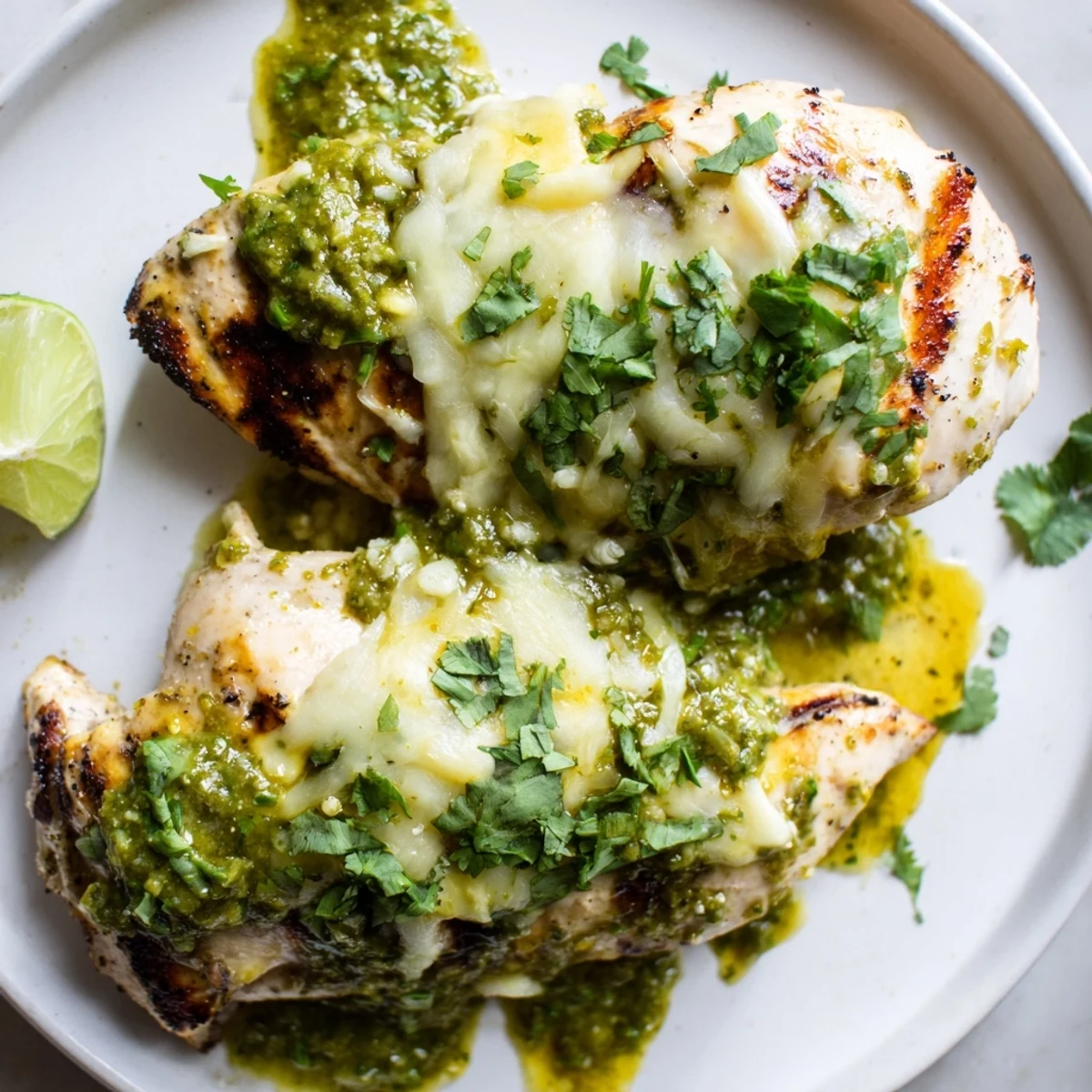 Cheesy Salsa Verde Pepper Jack Chicken sizzling off the grill with golden charred edges and lime wedges