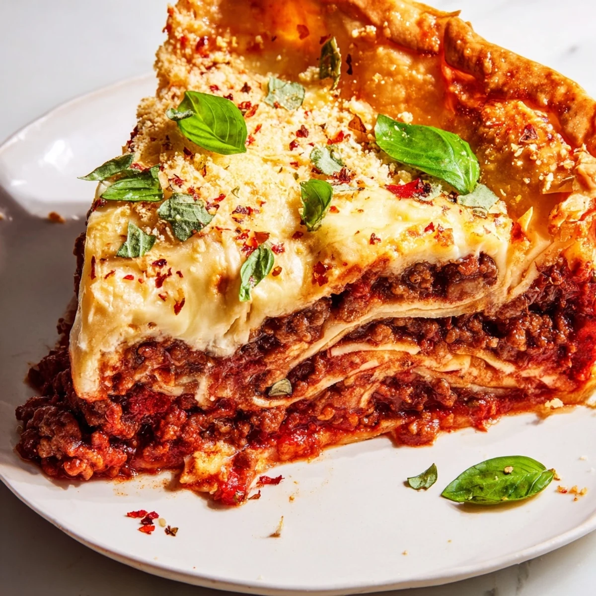 Golden bubbling cheesy lasagna pie sliced open to reveal gooey layers