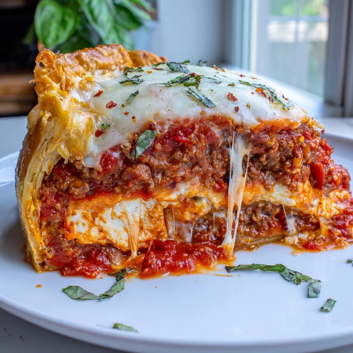 Cheesy lasagna pie with rich meat sauce and melted mozzarella in flaky crust
