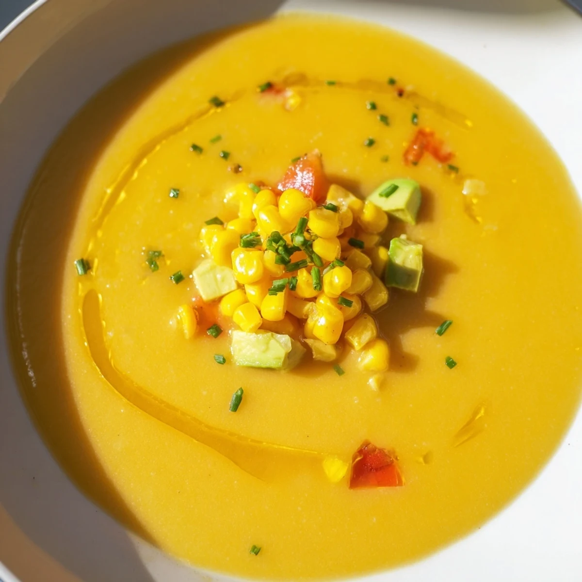A bright yellow bowl of Summer Sweet Corn Gazpacho topped with fresh avocado and herbs