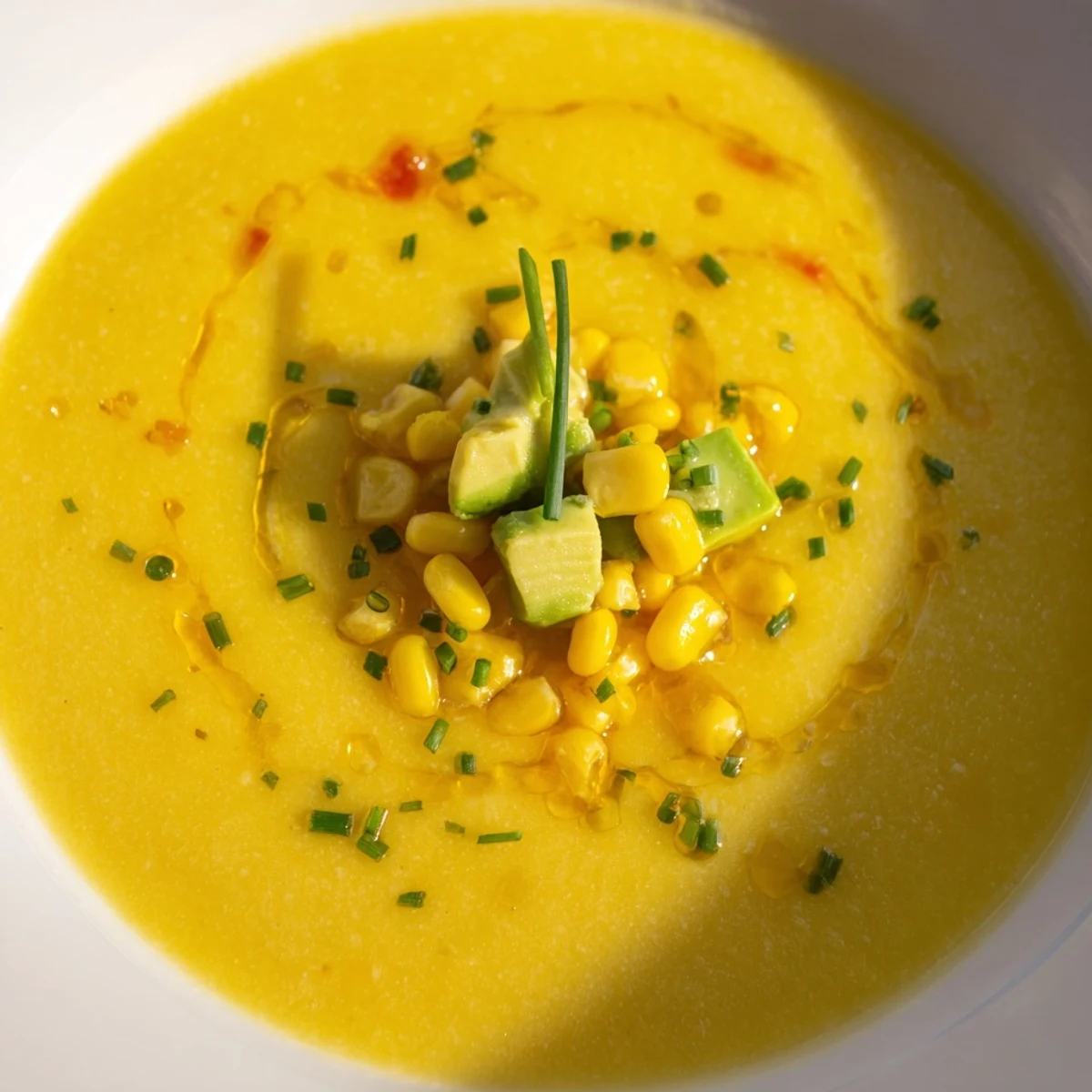 Chilled Summer Sweet Corn Gazpacho poured into a white bowl with a golden olive oil drizzle