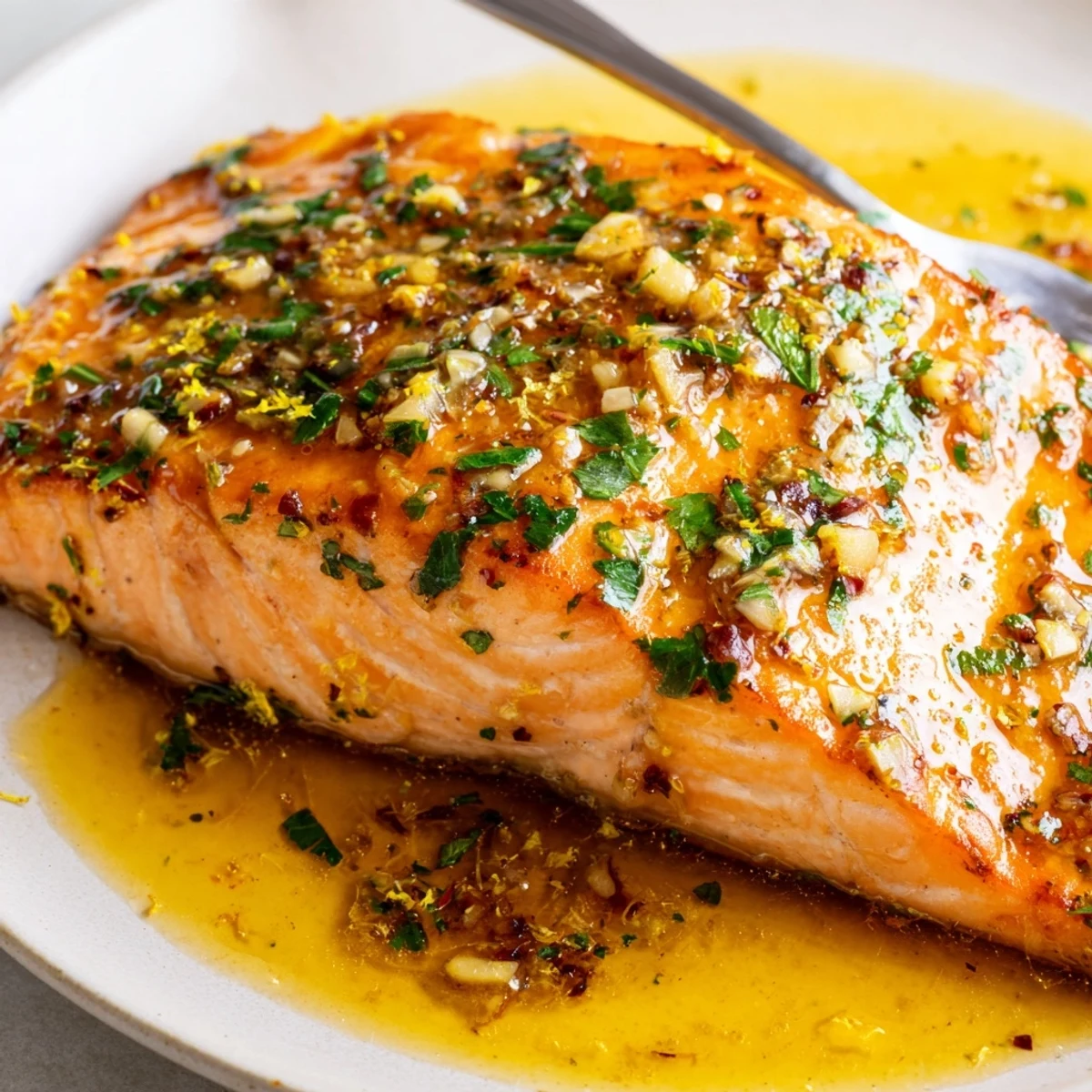 Golden garlic butter salmon fillets glistening with rich lemon herb sauce on a plate
