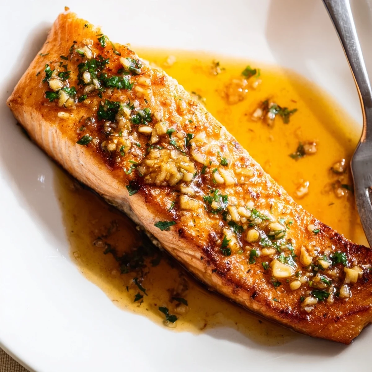 Pan-seared garlic butter salmon topped with fresh parsley and bright lemon wedges