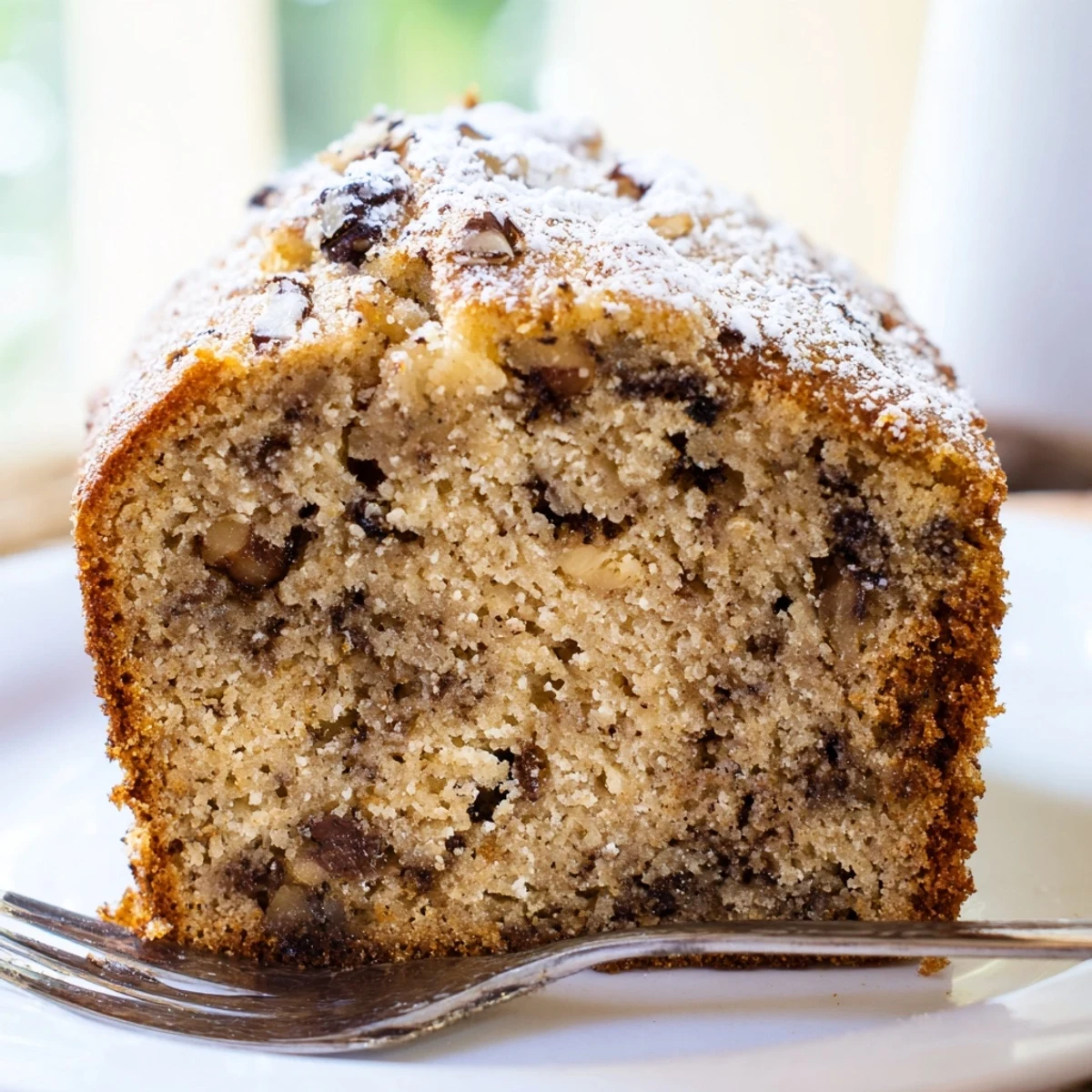 Moist banana cake sliced on a rustic plate with a dusting of powdered sugar