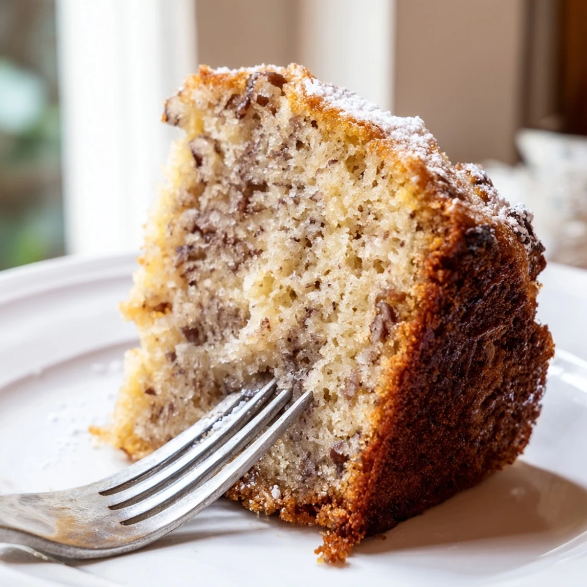 Golden banana cake topped with cream cheese frosting beside a steaming cup of tea