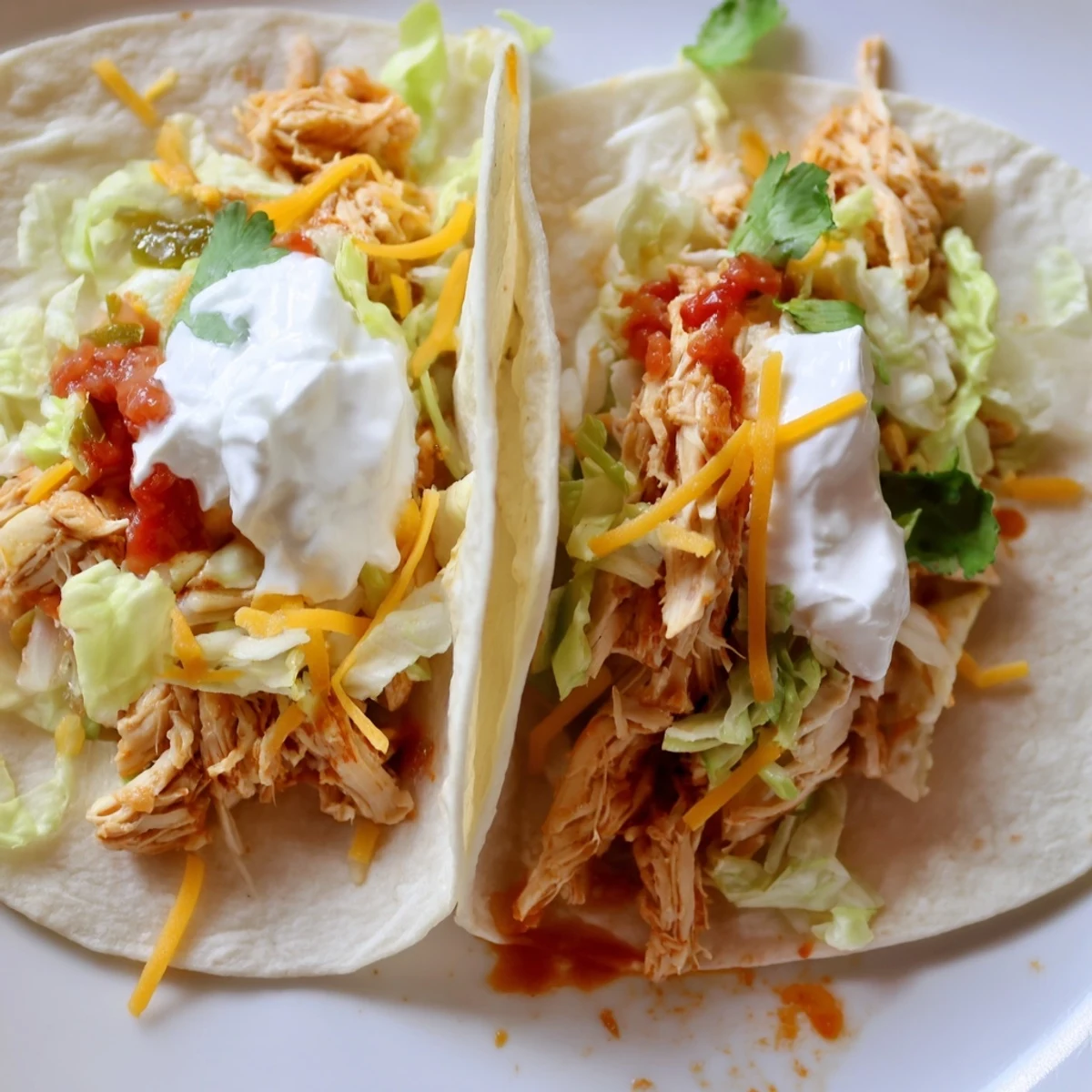 Slow Cooker Ranch Chicken Tacos loaded with melted cheese and fresh cilantro on warm tortillas