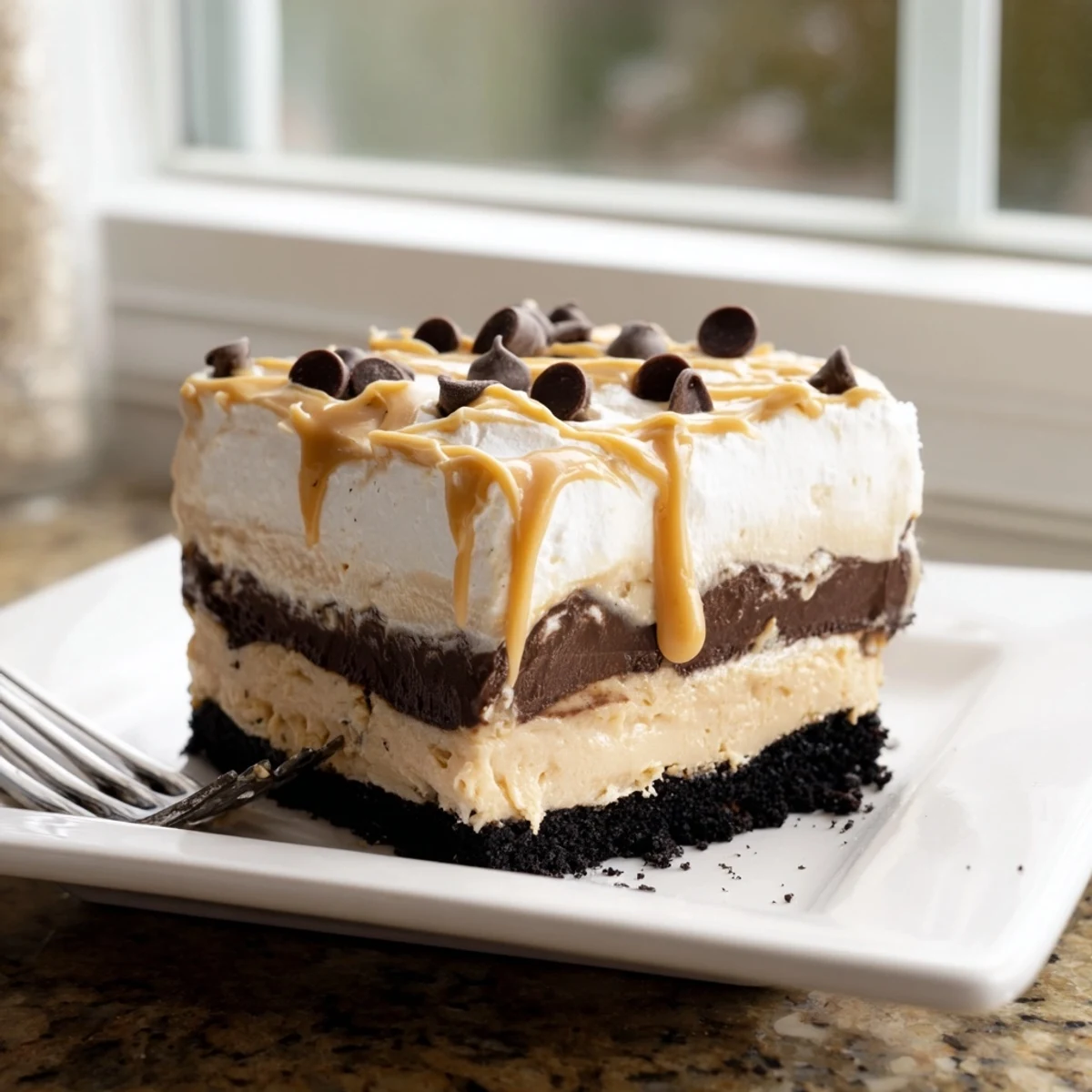 Creamy peanut butter layered delight with rich chocolate pudding and whipped topping