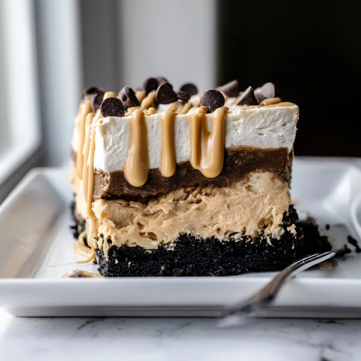 Peanut butter layered delight sliced into squares showing cookie crust and chocolate drizzle