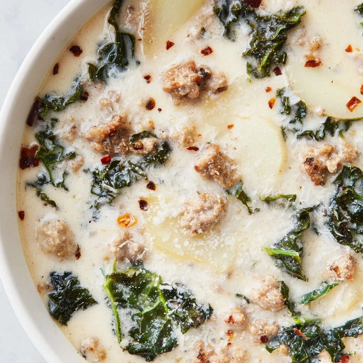 Creamy Zuppa Toscana soup loaded with sausage, kale, and tender potatoes in bowls