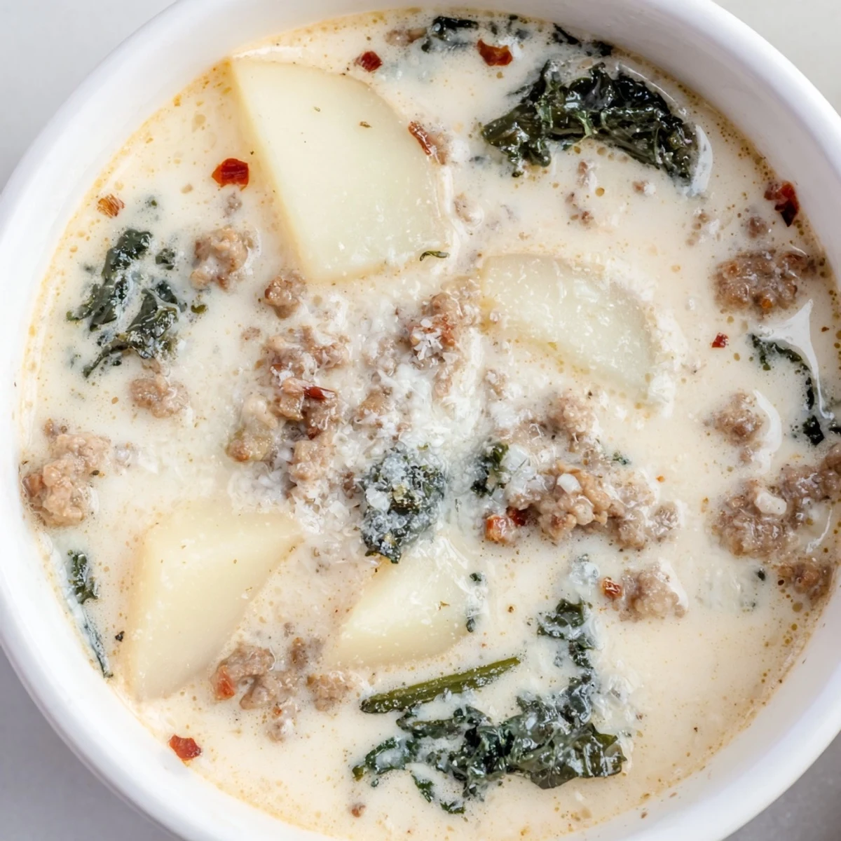 Steaming bowl of Zuppa Toscana soup with crumbled sausage and wilted kale on top
