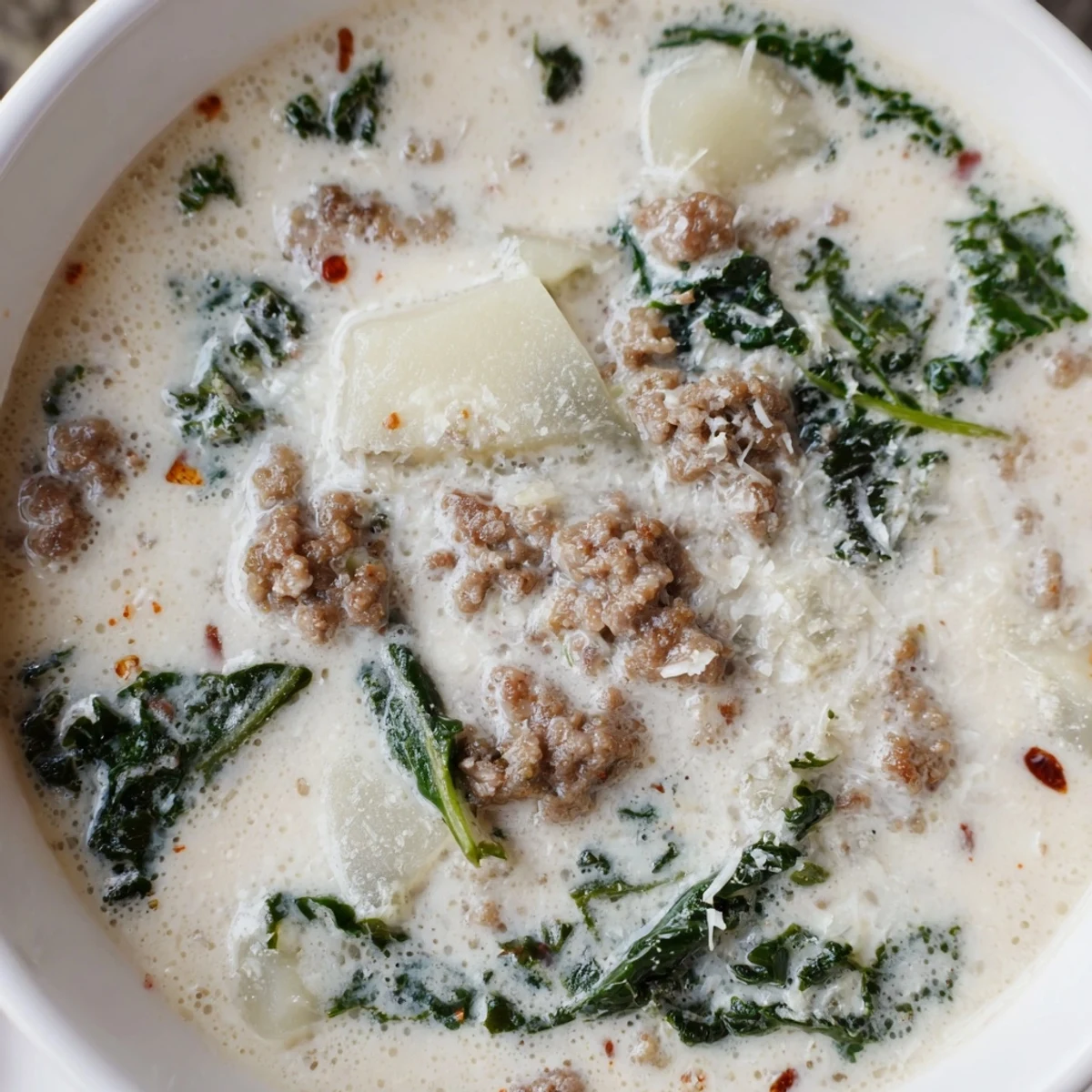 Zuppa Toscana soup garnished with Parmesan cheese, served with crusty bread alongside