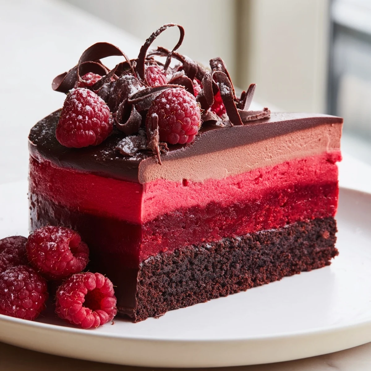 Silky raspberry chocolate mousse cake sliced to reveal glossy layered filling