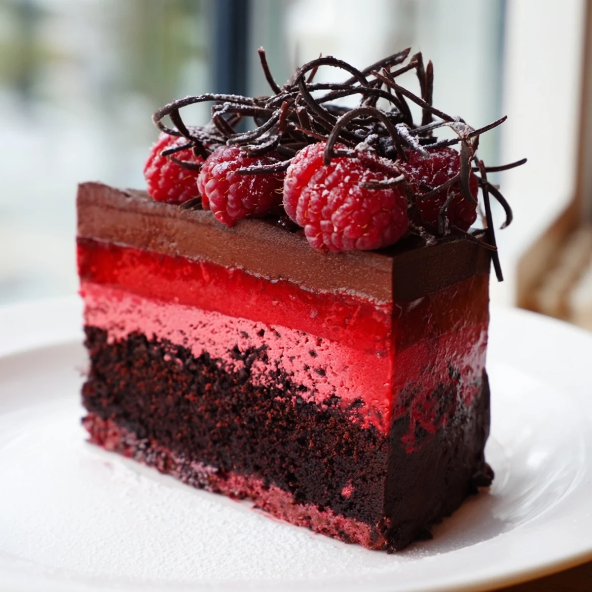 Elegant raspberry chocolate mousse cake crowned with fresh berries and chocolate curls
