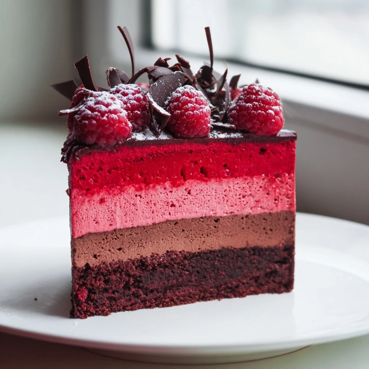 Decadent raspberry chocolate mousse cake with velvety mocha layers on a dark crust