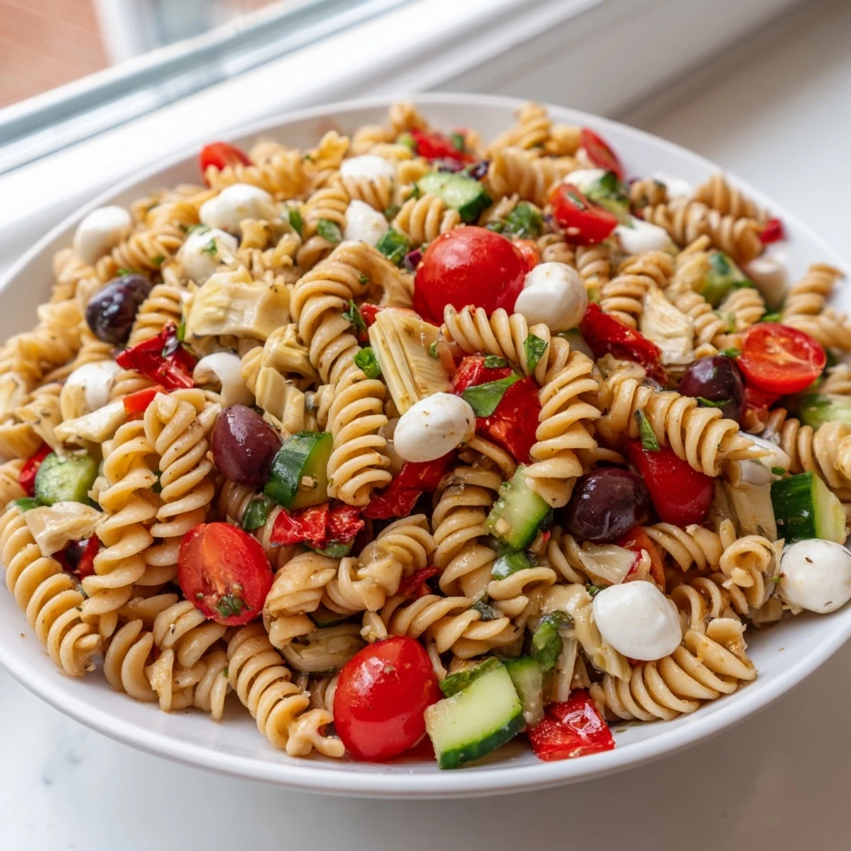 Colorful Italian pasta salad with cherry tomatoes, olives, and mozzarella in a shiny bowl